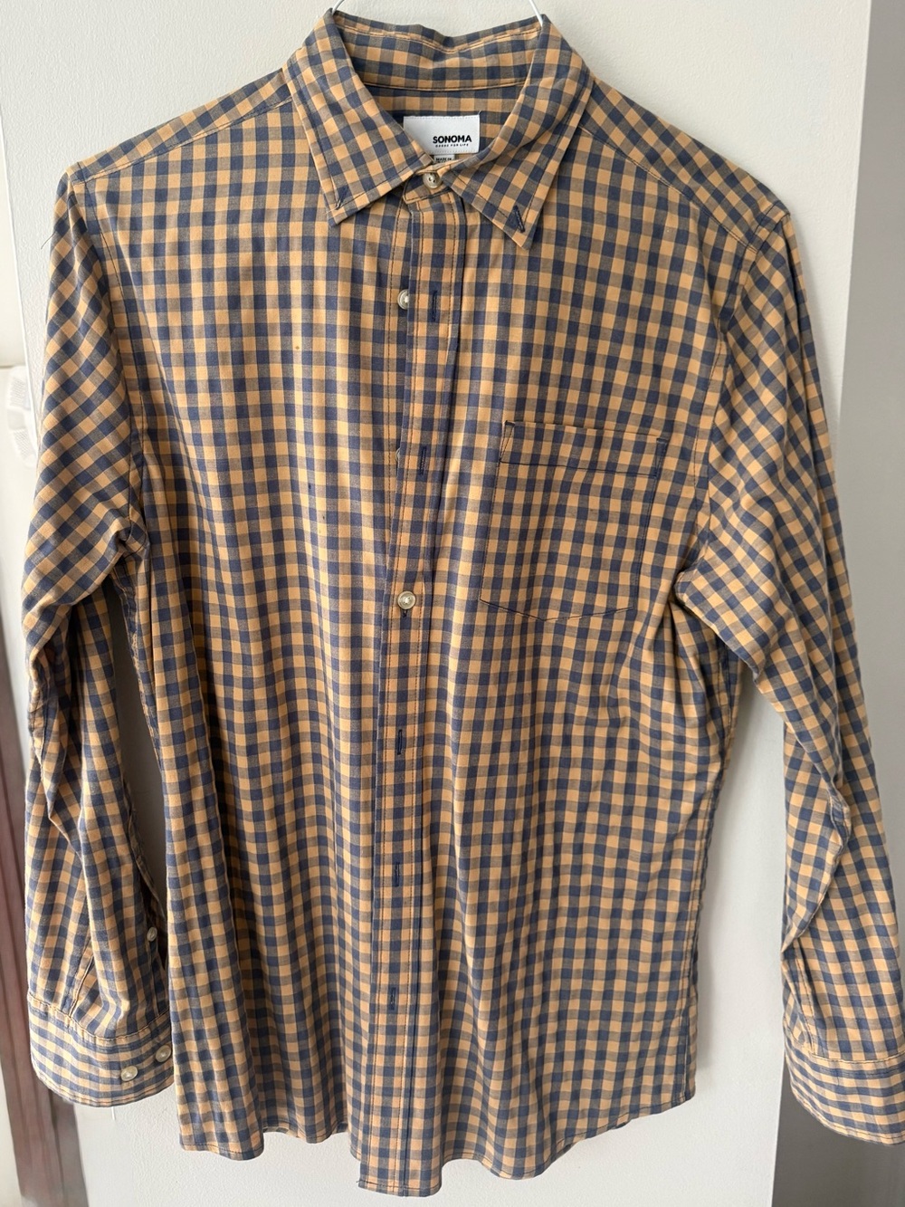 Sonoma Men's  soft yellow / orange  and Navy Check Button-Down Shirt